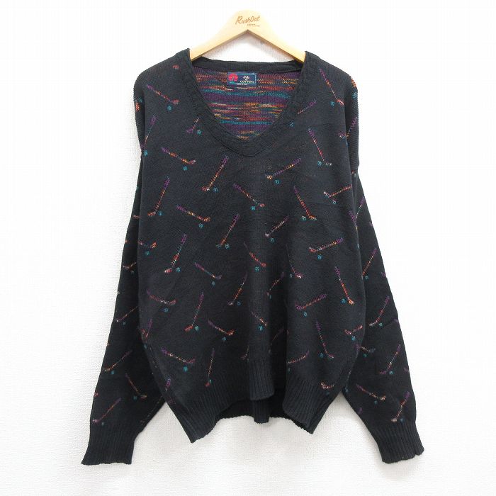 【50%OFF】XL★古着 長袖 セーター メンズ 90年代 90s ゴルフ コットン Vネック USA製 黒 ブラック 25jan15 中古 ニット トップス