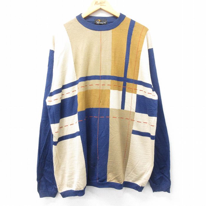 XL★古着 長袖 セーター メンズ 90年代 90s 大きいサイズ クルーネック 紺他 ネイビー 25jan16 中古 ニット トップス