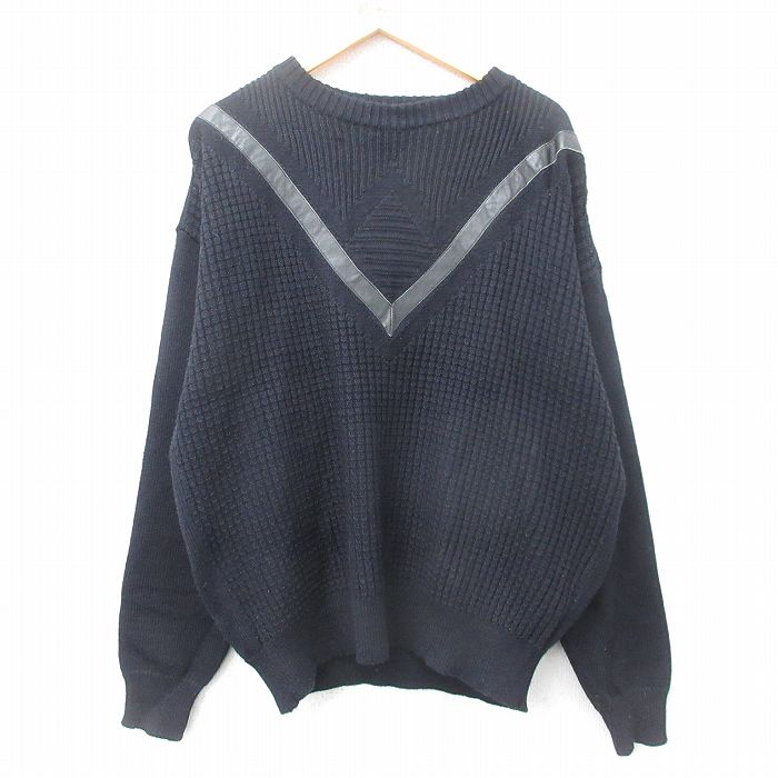 L★古着 長袖 セーター メンズ 90年代 90s レザー使用 クルーネック 黒 ブラック 25jan16 中古 ニット トップス