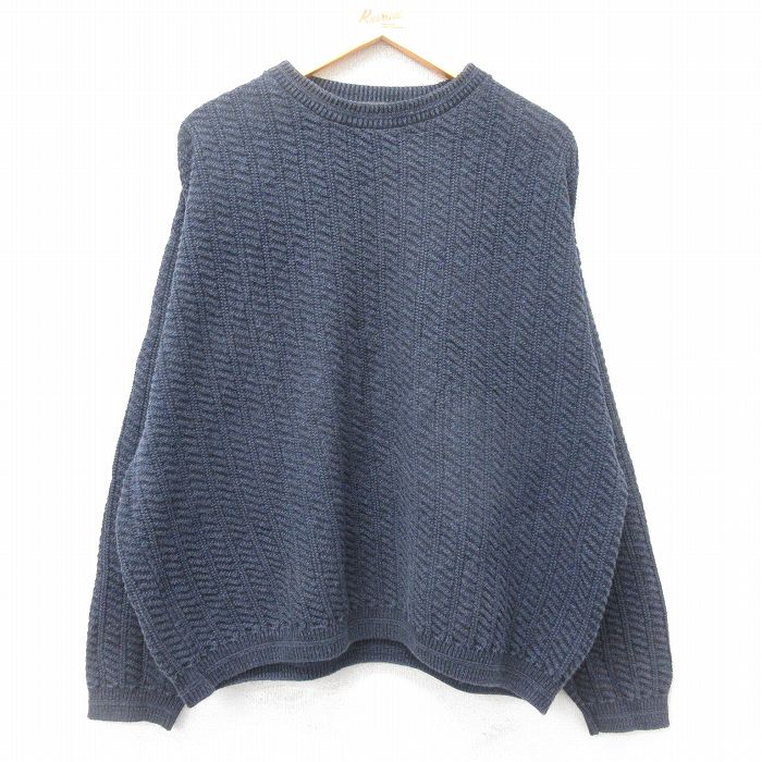 【50%OFF】XL★古着 長袖 セーター メンズ 90年代 90s 手織り 大きいサイズ クルーネック USA製 紺 ネイビー 25jan16 中古 ニット トップス