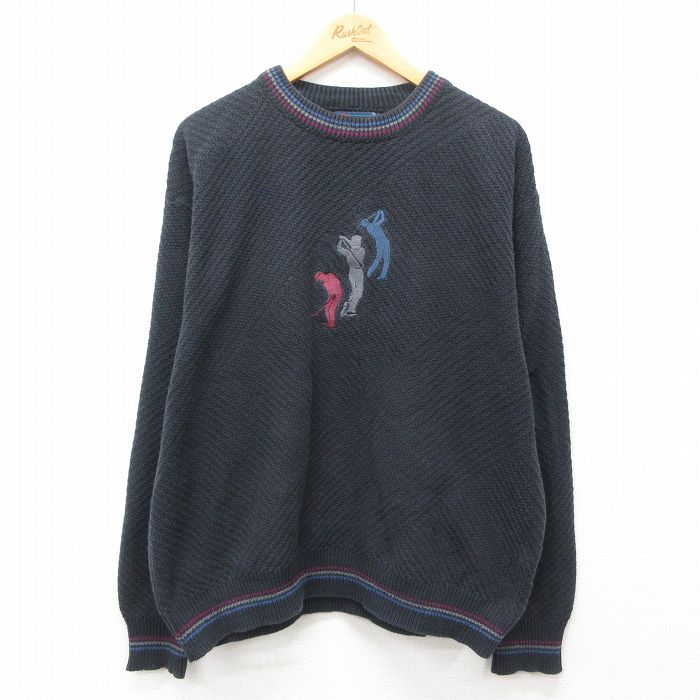XL★古着 長袖 セーター メンズ 90年代 90s ゴルフ 刺繍 大きいサイズ コットン クルーネック USA製 黒他 ブラック 25jan17 中古 ニット トップス