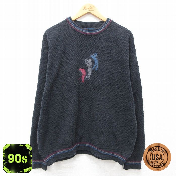 90s 長袖セーター ゴルフ刺繍 ブラック メンズXL相当 | 古着