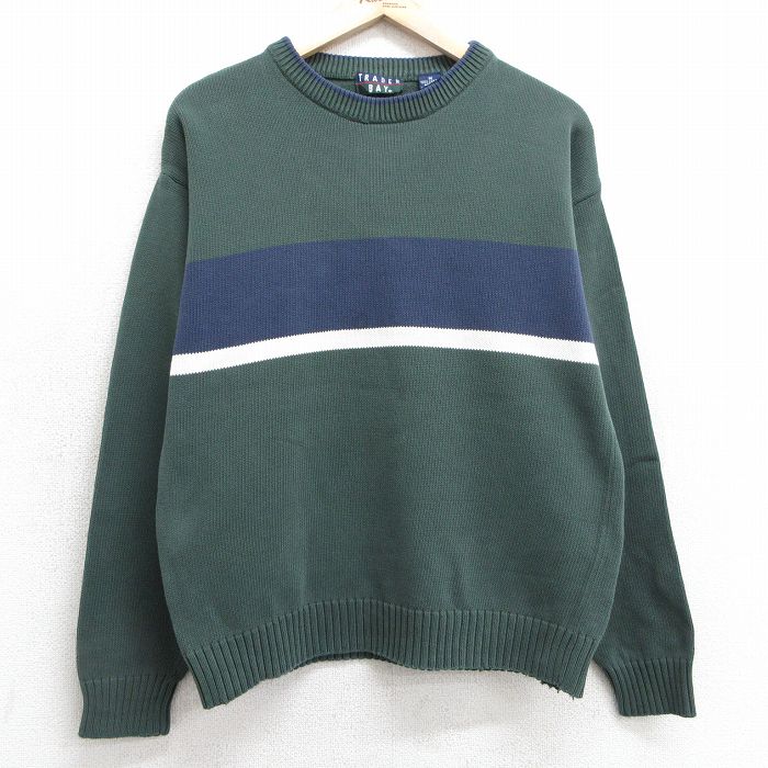 M★古着 長袖 セーター メンズ 90年代 90s コットン クルーネック 緑他 グリーン 25jan18 中古 ニット トップス