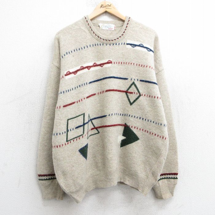 【50%OFF】L★古着 長袖 セーター メンズ 90年代 90s クルーネック ベージュ他 カーキ 25jan18 中古 ニット トップス