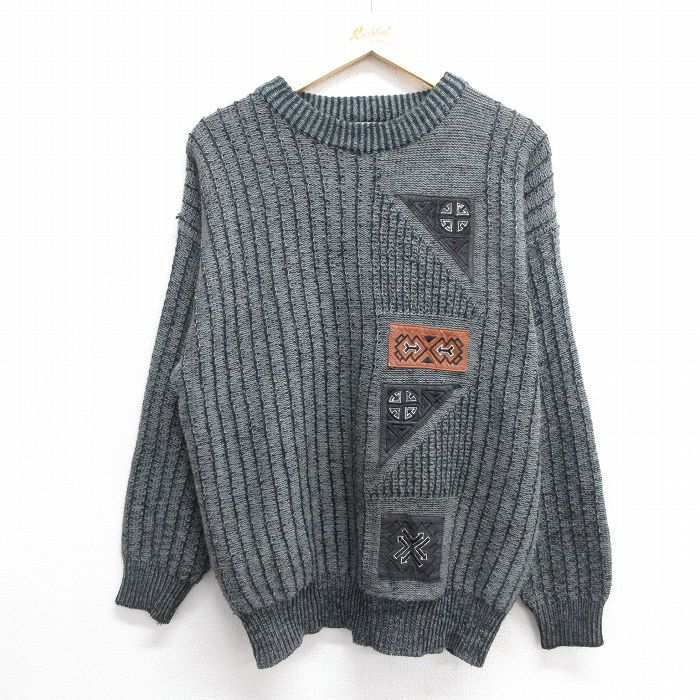 【50%OFF】L★古着 長袖 セーター メンズ 00年代 00s レザー使用 アクリル クルーネック 濃グレー他 25jan20 中古 ニット トップス