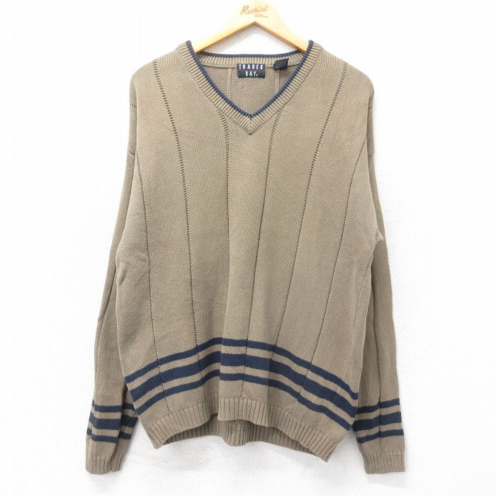【50%OFF】L★古着 長袖 セーター メンズ 90年代 90s コットン Vネック 濃ベージュ他 カーキ 25jan21 中古 ニット トップス