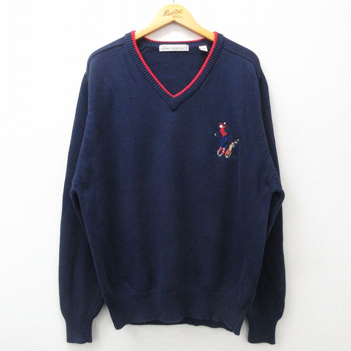【50%OFF】L★古着 長袖 セーター メンズ 00年代 00s ゴルフ コットン Vネック 紺 ネイビー 25jan22 中古 ニット トップス