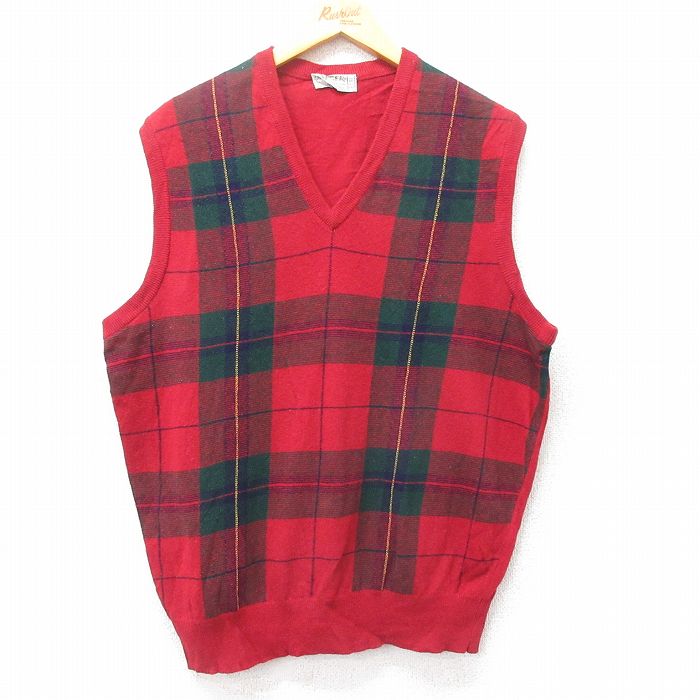 L★古着 ニット ベスト メンズ 80年代 80s ラムウール Vネック イギリス製 赤他 レッド チェック 25jan21 中古 トップス