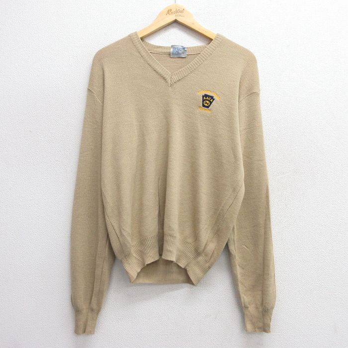 【50%OFF】L★古着 チャンピオン champion 長袖 セーター メンズ 90年代 90s AACA アクリル Vネック ベージュ カーキ 25jan22 中古 ニット トップス