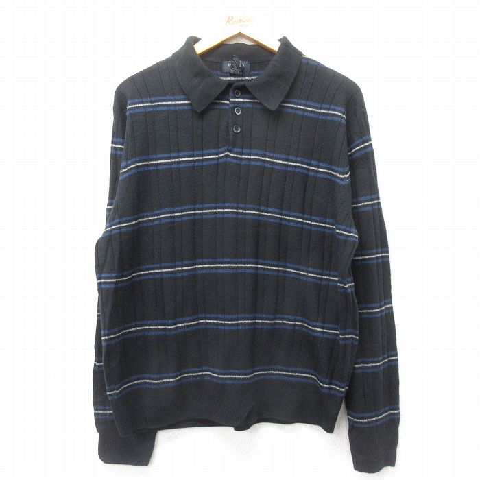 【50%OFF】L★古着 ドッカーズ 長袖 セーター メンズ 襟付き アクリル 黒他 ブラック ボーダー 25jan24 中古 ニット トップス