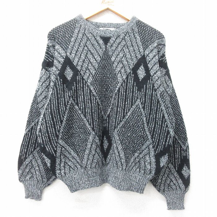 【50%OFF】XL★古着 長袖 セーター メンズ 90年代 90s アクリル クルーネック 黒他 ブラック 25jan24 中古 ニット トップス