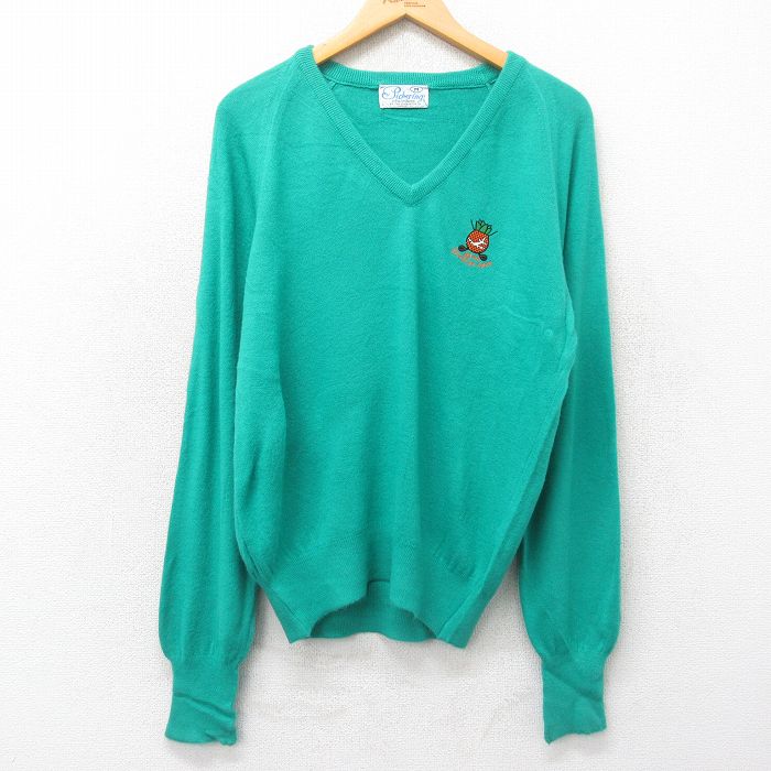 【50%OFF】M★古着 長袖 セーター メンズ 80年代 80s ハワイアンオープン ゴルフ ラグラン アクリル Vネック USA製 緑 グリーン 25jan24 中古 ニット トップス