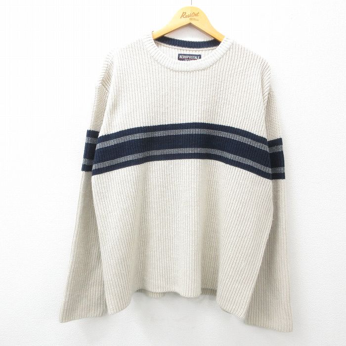 XL★古着 エアロポステール AEROPOSTALE 長袖 セーター メンズ 00年代 00s 大きいサイズ アクリル クルーネック 薄ベージュ他 カーキ 25jan27 中古 ニット トップス
