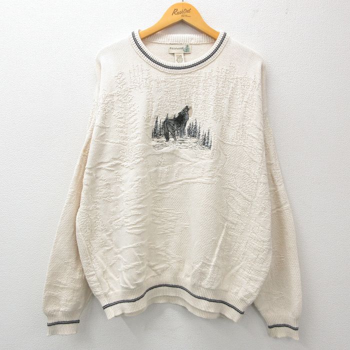 XL★古着 長袖 セーター メンズ 90年代 90s オオカミ 刺繍 大きいサイズ コットン クルーネック USA製 生成り 25jan27 中古 ニット トップス