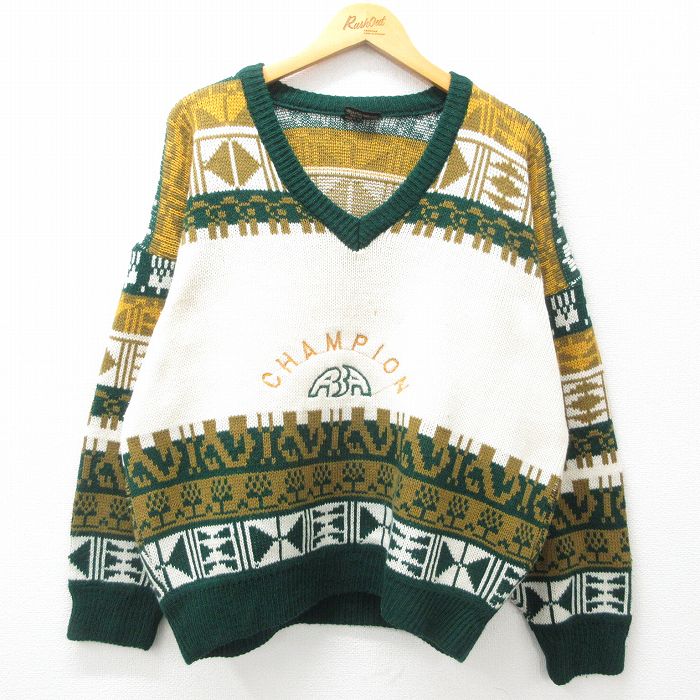 【50%OFF】XL★古着 長袖 セーター メンズ 00年代 00s CHAMPION 刺繍 Vネック 緑他 グリーン 25jan27 中古 ニット トップス