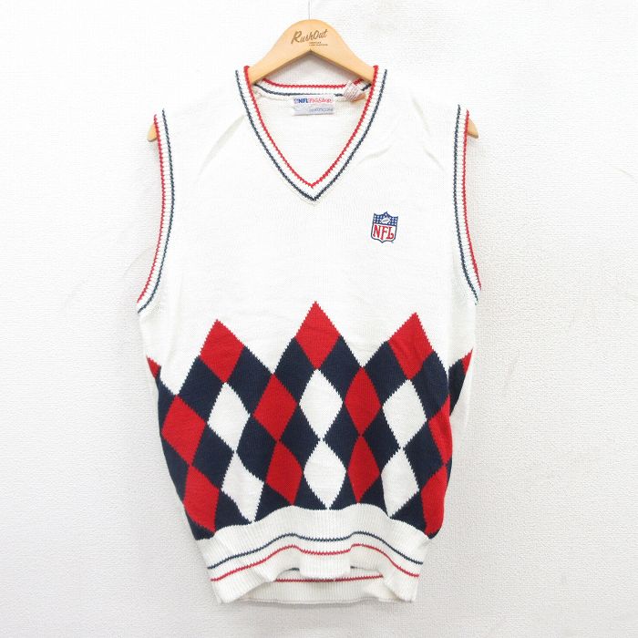 S★古着 ニット ベスト メンズ 90年代 90s NFL アクリル Vネック 白他 ホワイト アメフト スーパーボウル 25jan28 中古 トップス