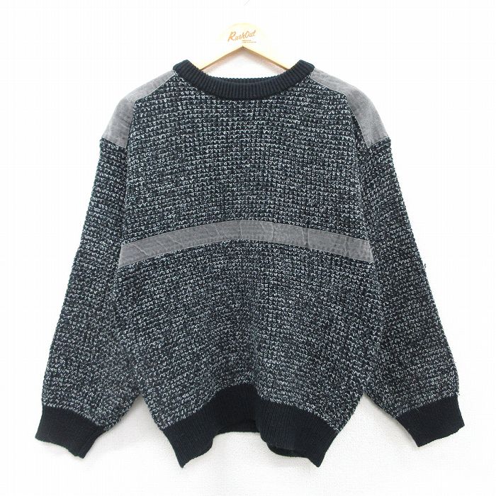 【50%OFF】M★古着 長袖 セーター メンズ 90年代 90s アクリル クルーネック 黒他 ブラック 25jan28 中古 ニット トップス