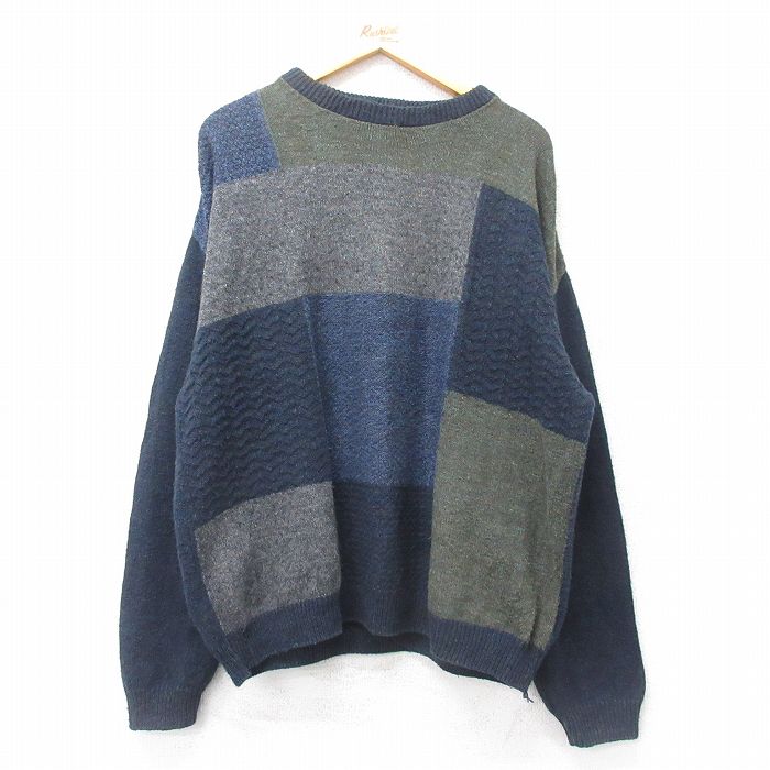 【50%OFF】XL★古着 長袖 セーター メンズ 90年代 90s 手織り コットン クルーネック USA製 紺他 ネイビー 25jan31 中古 ニット トップス