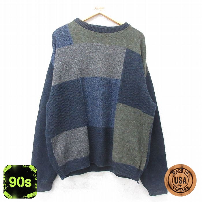 【50%OFF】90s 長袖セーター 手織り ネイビー XL | 古着