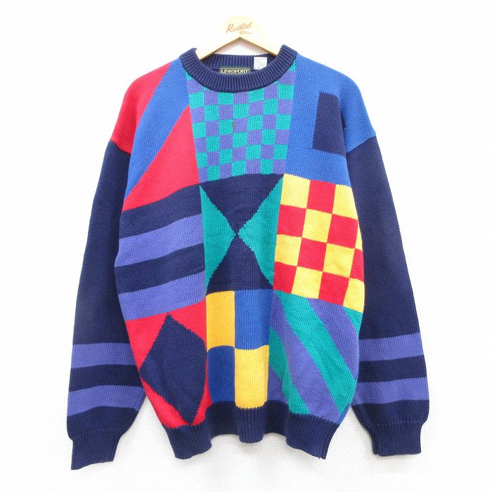 XL★古着 長袖 セーター メンズ 00年代 00s コットン クルーネック 紺他 ネイビー 25feb04 中古 ニット トップス