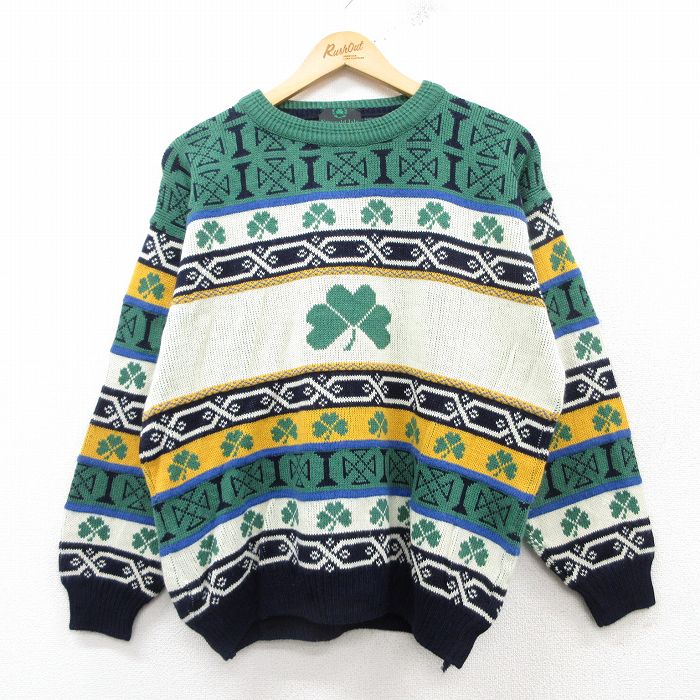 【50%OFF】L★古着 長袖 セーター メンズ 90年代 90s クローバー アクリル クルーネック アイルランド製 緑他 グリーン 25feb04 中古 ニット トップス