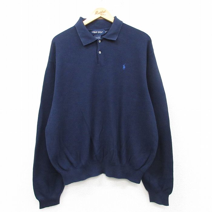 XL★古着 ラルフローレン Ralph Lauren ゴルフ 長袖 ブランド セーター メンズ 90年代 90s ワンポイントロゴ 大きいサイズ コットン 襟付き 紺 ネイビー 25feb04 中古 ニット トップス