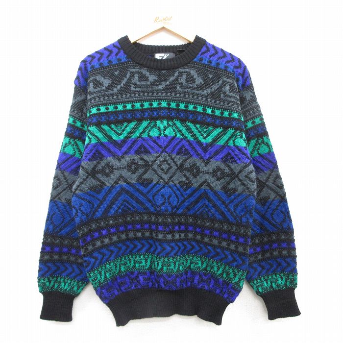 【20%OFF】M★古着 長袖 セーター メンズ 00年代 00s クルーネック 黒他 ブラック 25feb04 中古 ニット トップス