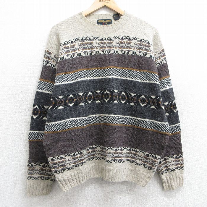 【50%OFF】L★古着 長袖 セーター メンズ 90年代 90s ウール クルーネック 薄ベージュ他 カーキ 25feb01 中古 ニット トップス