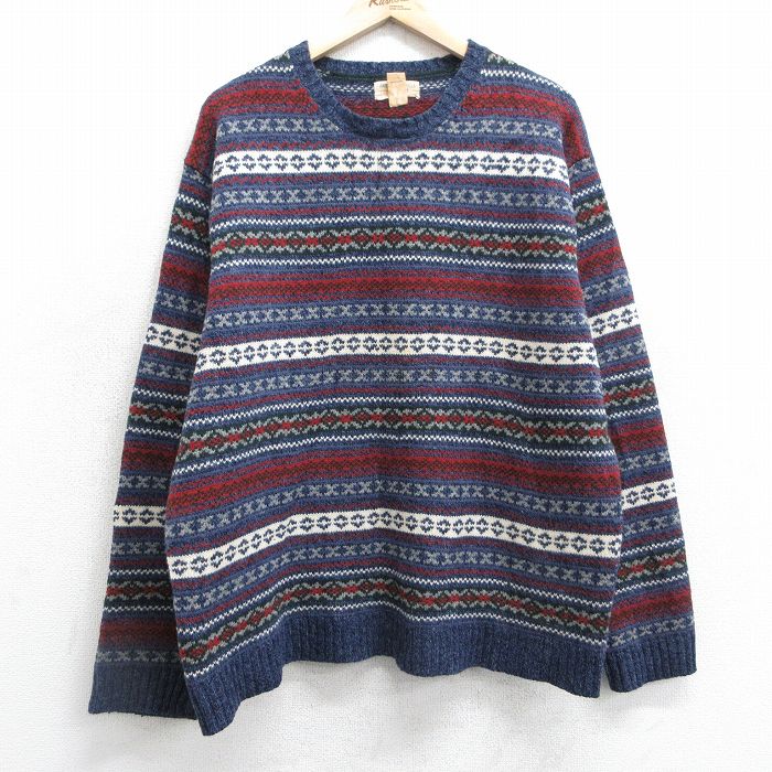 XL★古着 アメリカンイーグル American Eagle 長袖 セーター メンズ 00年代 00s フェアアイル ラムウール クルーネック 紺他 ネイビー 25feb01 中古 ニット トップス