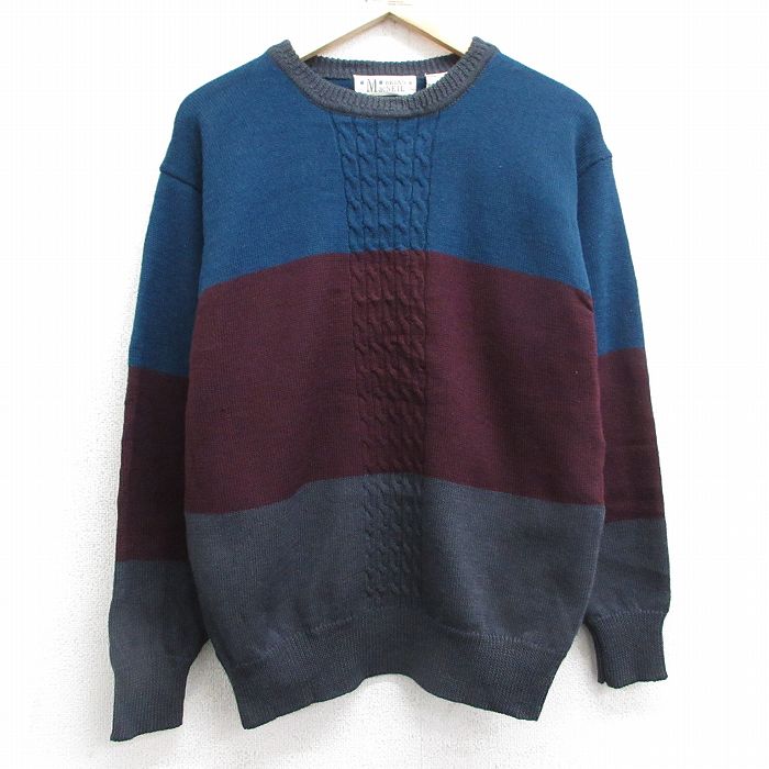 M★古着 長袖 ケーブル セーター メンズ 90年代 90s マルチカラー ウール クルーネック 紺他 ネイビー 25feb01 中古 ニット トップス