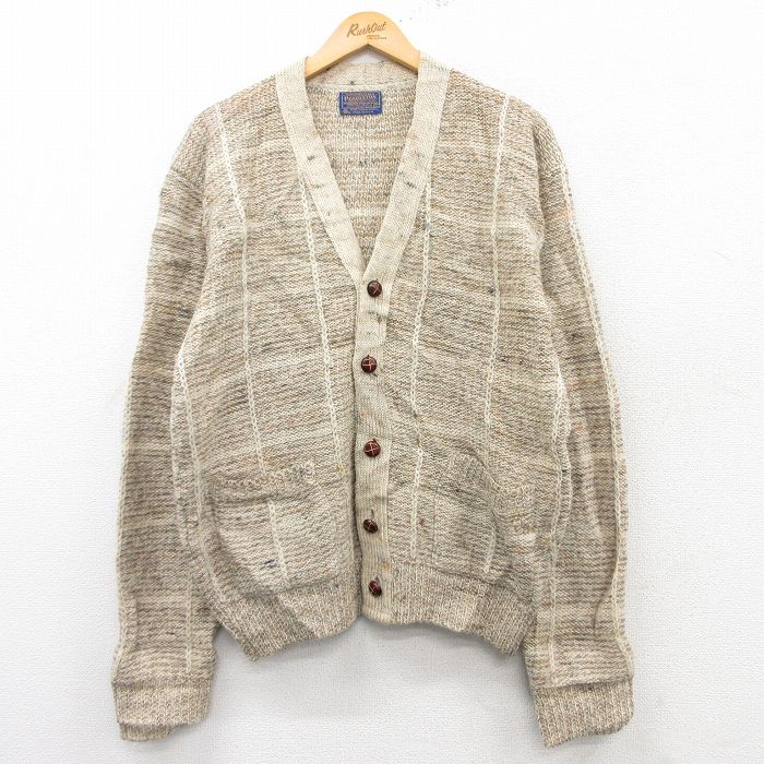 L★古着 ペンドルトン PENDLETON 長袖 ニット カーディガン メンズ 80年代 80s ウール USA製 ベージュ他 カーキ 25feb04 中古 トップス