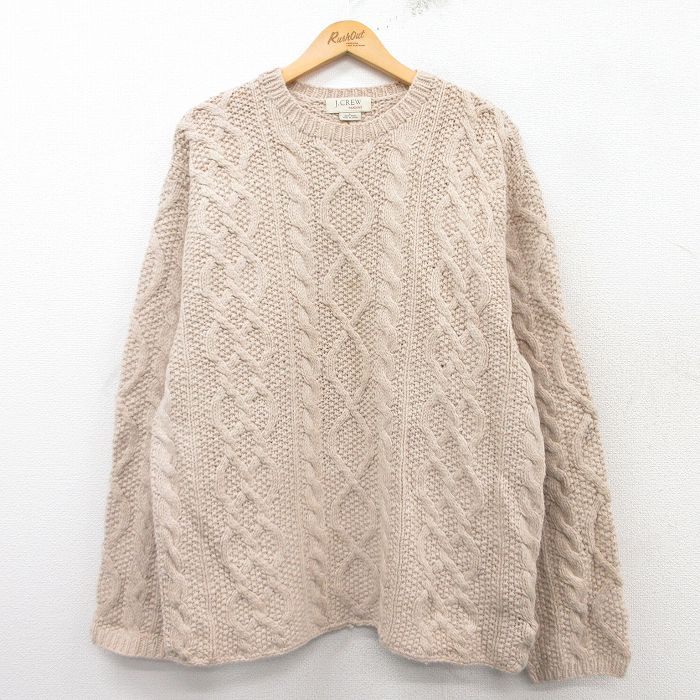 L★古着 ジェイクルー J.CREW 長袖 ケーブル セーター メンズ 00年代 00s 手編み ハンドニット ウール クルーネック ベージュ カーキ 25feb04 中古 ニット トップス