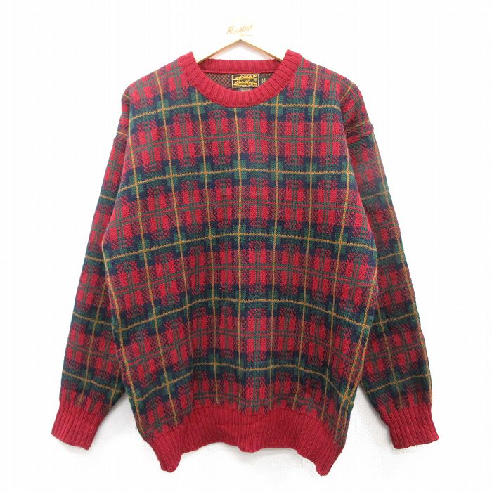 M★古着 エディーバウアー 長袖 セーター メンズ 90年代 90s ウール クルーネック USA製 赤他 レッド チェック 25feb04 中古 ニット トップス