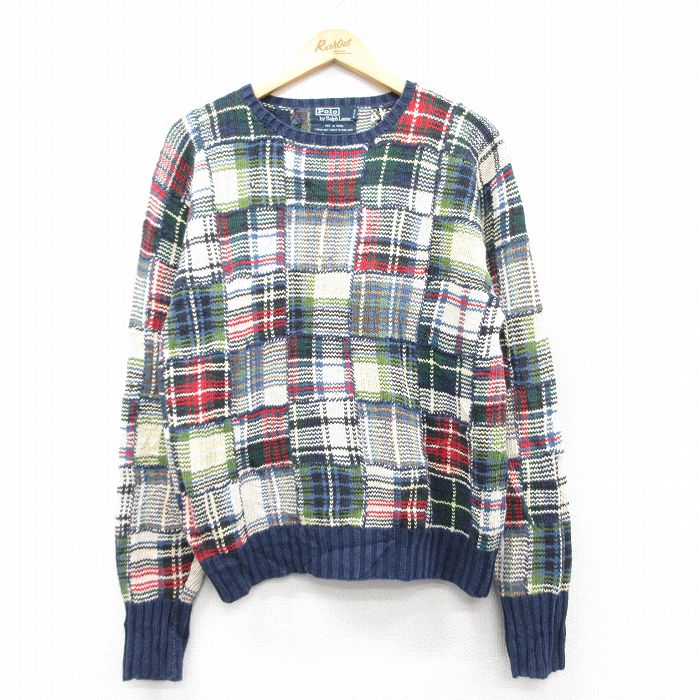 M★古着 ラルフローレン Ralph Lauren 長袖 ブランド セーター メンズ 90年代 90s 手織り リネン クルーネック 紺他 ネイビー チェック 【spe】 25feb04 中古 ニット トップス