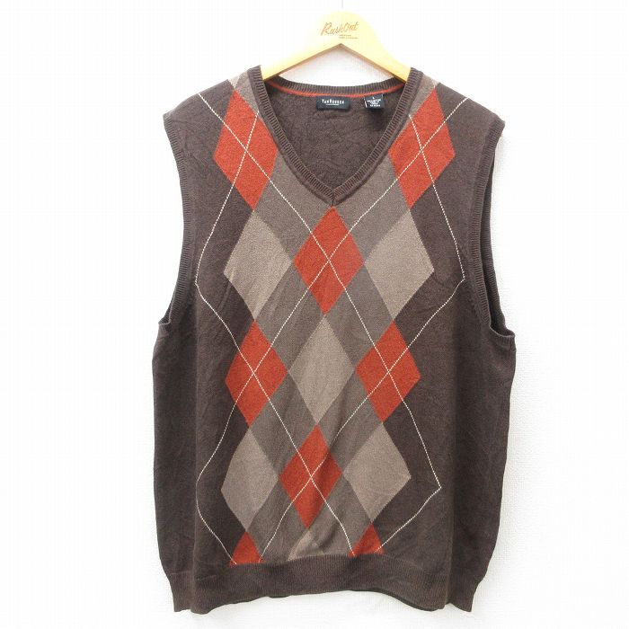 L★古着 バンヒューセン ニット ベスト メンズ アーガイル コットン Vネック 茶 ブラウン 25feb01 中古 トップス
