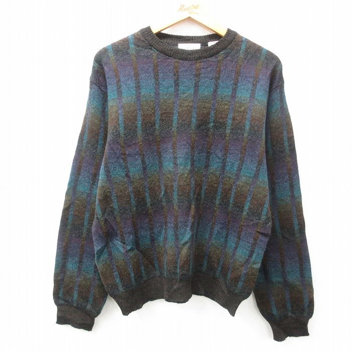 L★古着 長袖 セーター メンズ 00年代 00s ウール クルーネック 茶他 ブラウン ストライプ 25feb01 中古 ニット トップス