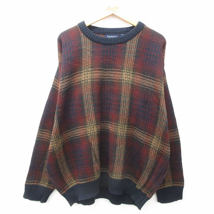 XL★古着 バンヒューセン 長袖 セーター メンズ 大きいサイズ アクリル クルーネック 濃紺他 ネイビー チェック 25feb01 中古 ニット トップス