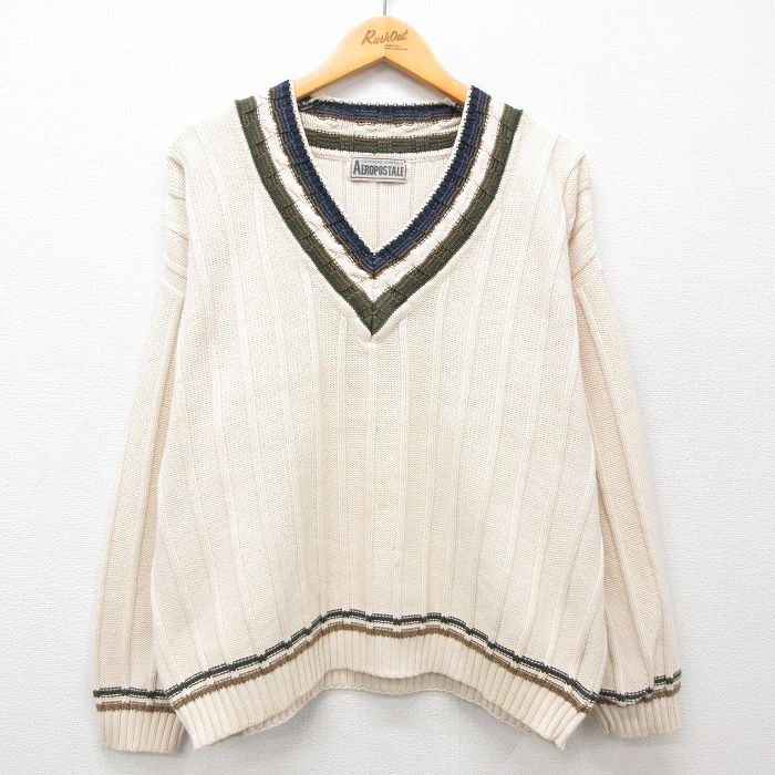 XL★古着 エアロポステール AEROPOSTALE 長袖 チルデン セーター メンズ 00年代 00s 大きいサイズ Vネック 生成り 25feb01 中古 ニット トップス