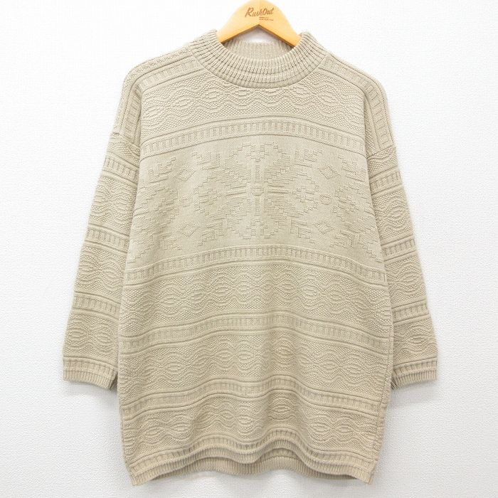 L★古着 ベーシックエディションズ 長袖 ノルディック セーター メンズ 90年代 90s 雪柄 アクリル クルーネック USA製 ベージュ カーキ 25feb01 中古 ニット トップス