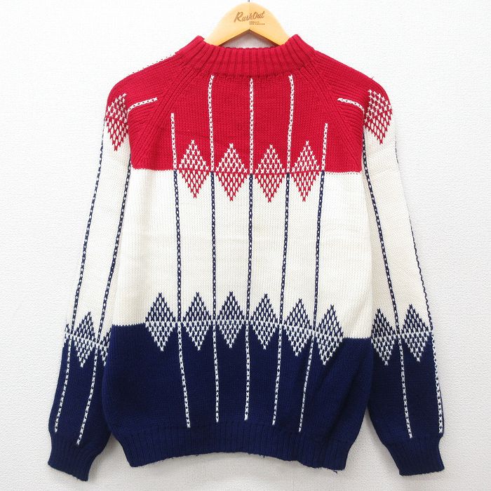 【50%OFF】M★古着 長袖 セーター メンズ 80年代 80s ラグラン アクリル モックネック ハイネック 生成り他 25feb01 中古 ニット トップス