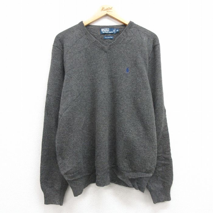 L★古着 ラルフローレン Ralph Lauren 長袖 ブランド セーター メンズ 90年代 90s ワンポイントロゴ ラムウール Vネック 濃グレー 25feb03 中古 ニット トップス