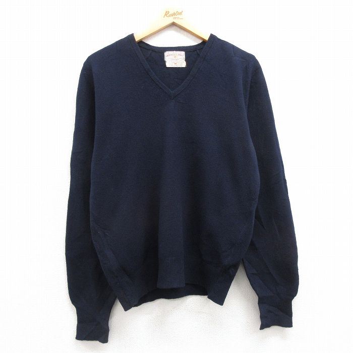 【50%OFF】M★古着 長袖 セーター メンズ 80年代 80s 無地 ラムウール Vネック イングランド製 紺 ネイビー 25feb03 中古 ニット トップス