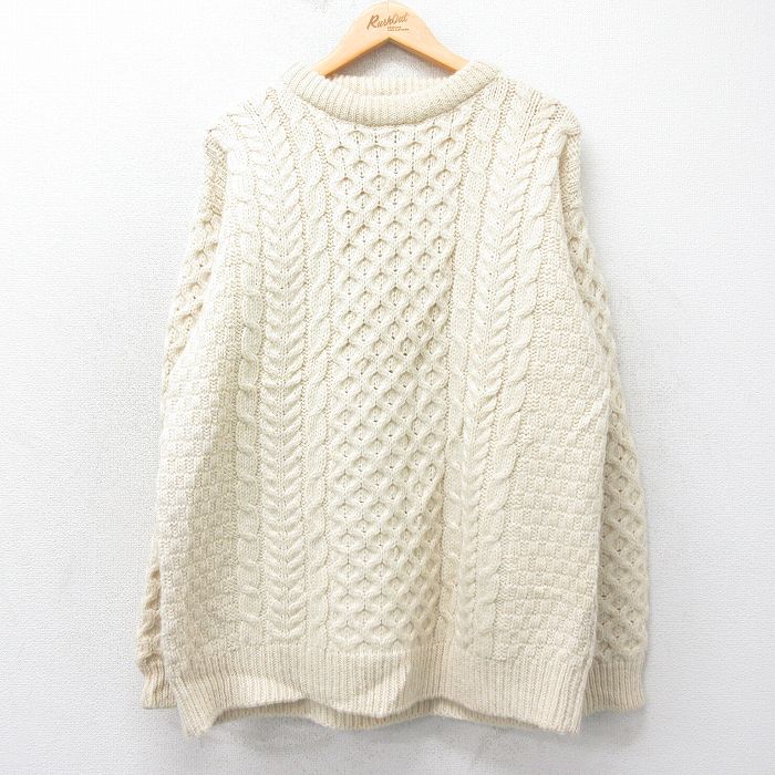 XL★古着 長袖 アラン フィッシャーマン ケーブル セーター メンズ 90年代 90s ウール クルーネック アイルランド製 生成り 【spe】 25feb03 中古 ニット トップス