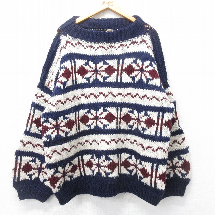 XL★古着 長袖 ノルディック セーター メンズ 雪柄 大きいサイズ ウール クルーネック エクアドル製 紺他 ネイビー 【spe】 25feb03 中古 ニット トップス
