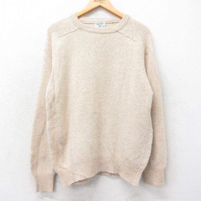 【50%OFF】L★古着 長袖 セーター メンズ 80年代 80s 無地 ウール クルーネック ベージュ カーキ 25feb03 中古 ニット トップス