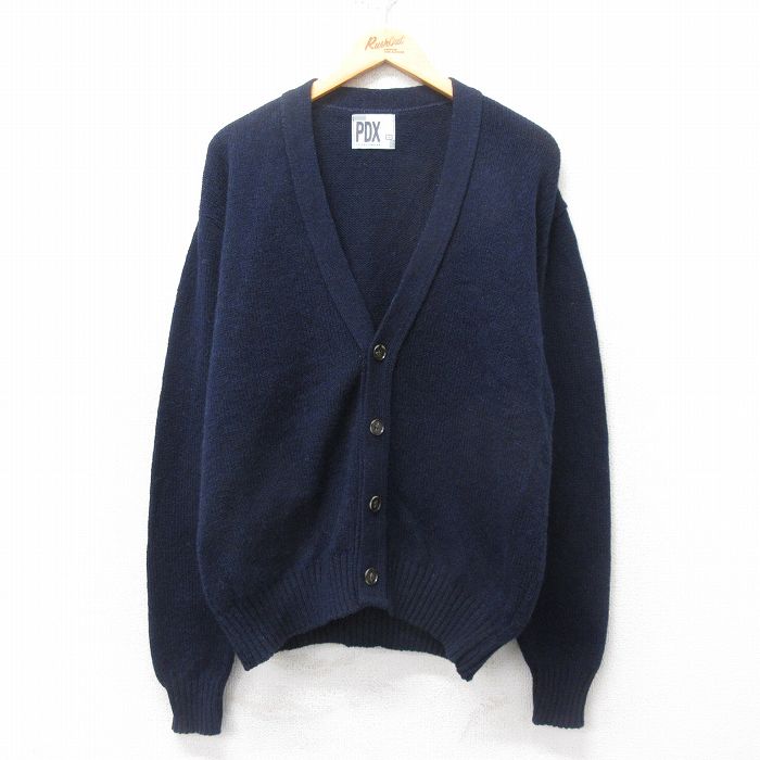 XL★古着 長袖 ニット カーディガン メンズ 80年代 80s 無地 USA製 紺 ネイビー 25feb03 中古 トップス