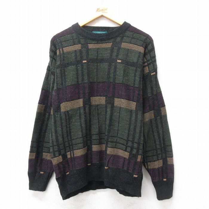 【50%OFF】L★古着 長袖 セーター メンズ 00年代 00s クルーネック 緑他 グリーン チェック 25feb03 中古 ニット トップス