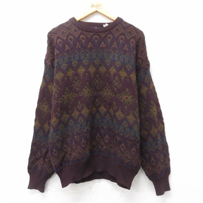 L★古着 長袖 セーター メンズ 90年代 90s フェアアイル クルーネック イタリア製 エンジ他 【spe】 25feb03 中古 ニット トップス