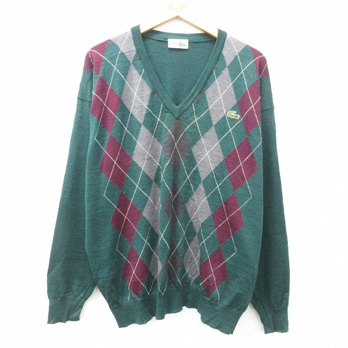 XL★古着 ラコステ LACOSTE 長袖 ブランド セーター メンズ 90年代 90s ワンポイントロゴ アーガイル ウール Vネック 緑他 グリーン 25feb03 中古 ニット トップス