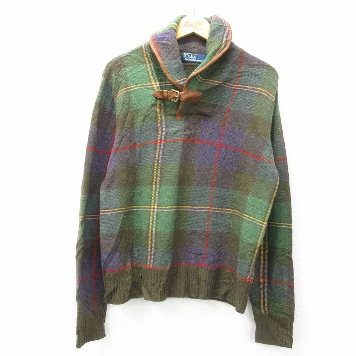 M★古着 ラルフローレン Ralph Lauren 長袖 ブランド セーター メンズ 90年代 90s レザー使用 ヒジ当て ウール 緑他 グリーン チェック 25feb03 中古 ニット トップス